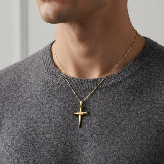 18K Solid Gold Passion Nails Cross Pendant with Emerald-Green Cubic Zirconia