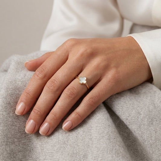 18K Solid Gold Mother of Pearl Four-Leaf Clover Stacking Ring