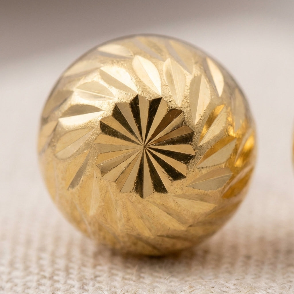 18K Solid Gold Diamond-Cut Ball Bead Stud Earrings