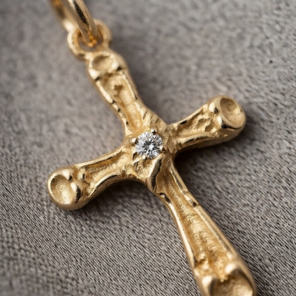 18K Solid Gold Filigree Baroque Cross Pendant with Center Cubic Zirconia