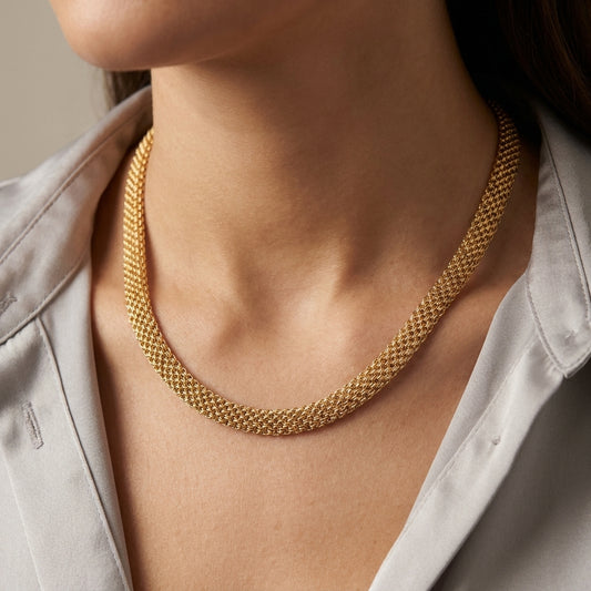 18K Solid Gold Chinese Weave Mesh Chain Necklace