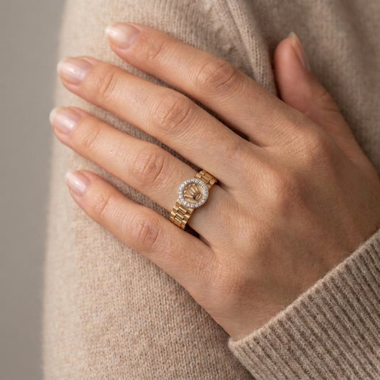 18K Solid Gold Jubilee Watch Link Crown Halo Ring with Cubic Zirconia