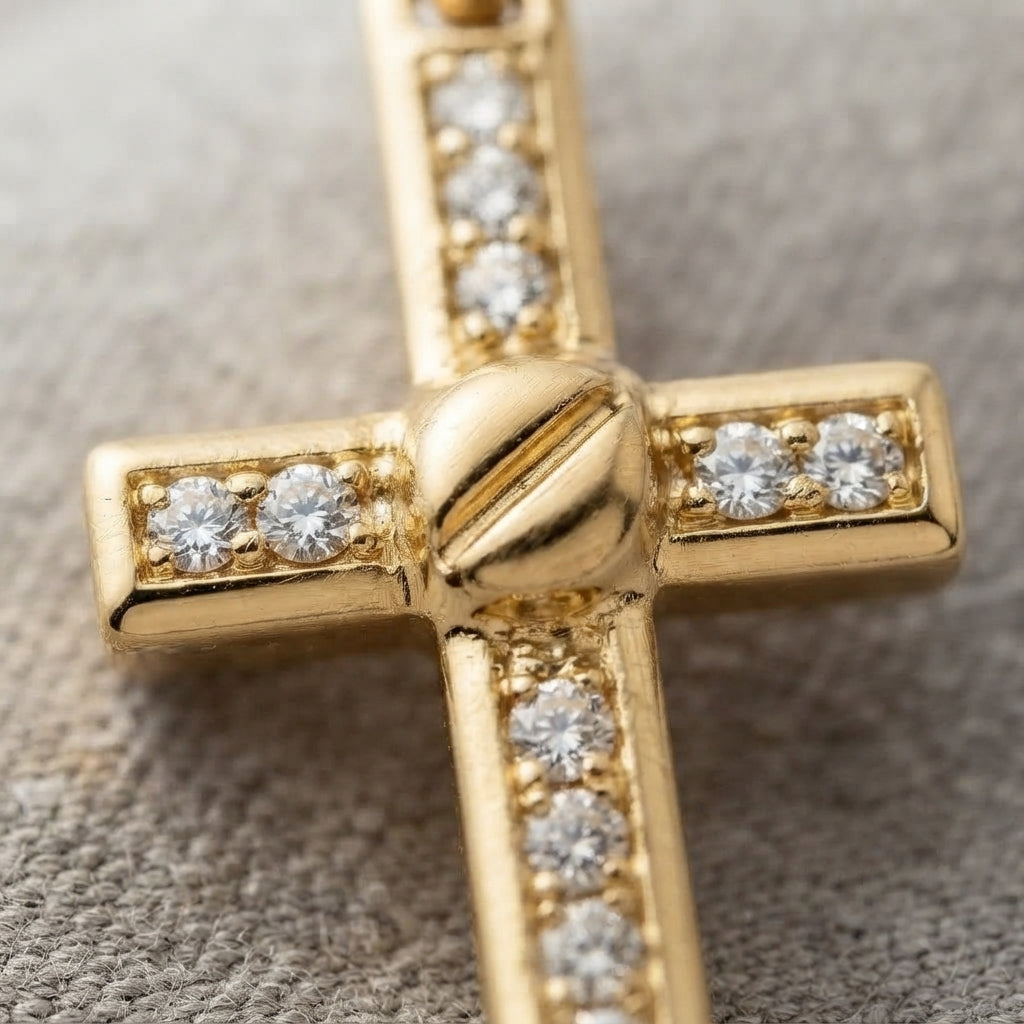 18K Solid Gold Channel-Set Cubic Zirconia Cross Pendant with Center Knot Accent