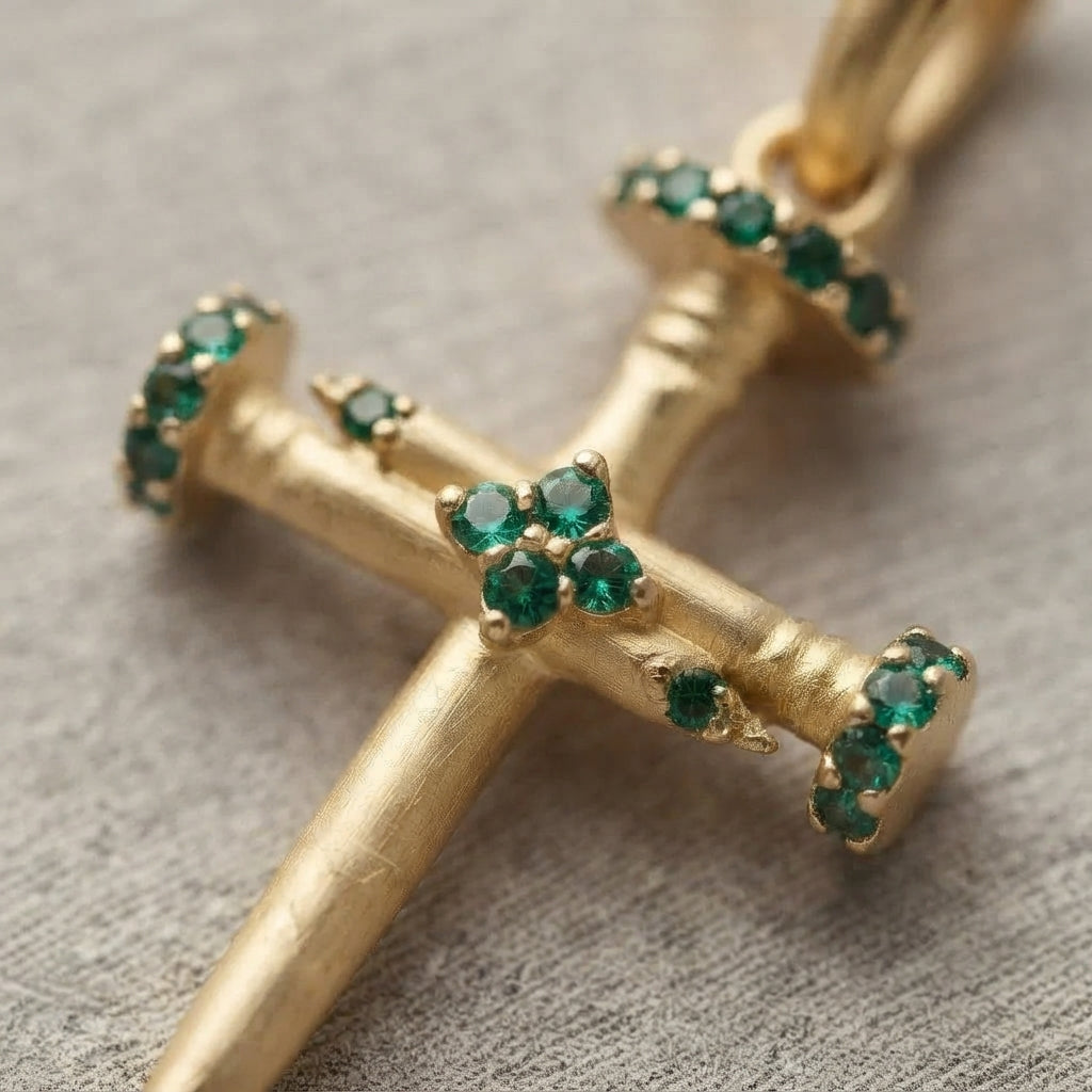 18K Solid Gold Passion Nails Cross Pendant with Emerald-Green Cubic Zirconia