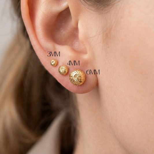 18K Solid Gold Diamond-Cut Ball Bead Stud Earrings