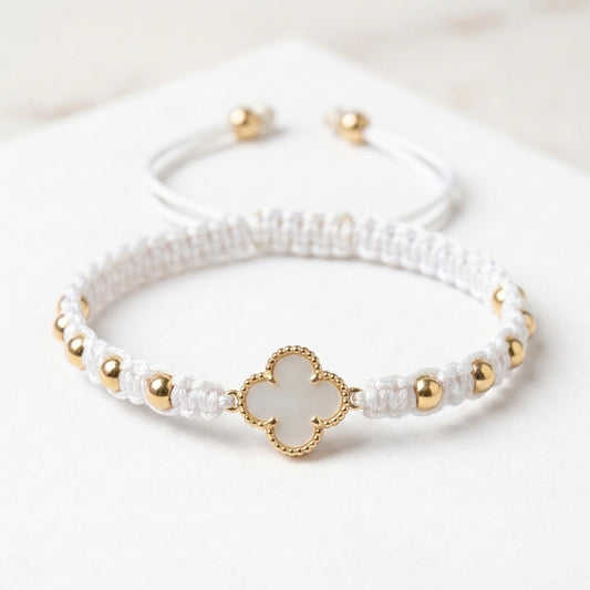 18K Solid Gold Macrame Woven Clover Motif Adjustable Bracelet