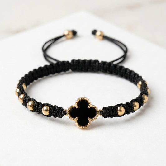 18K Solid Gold Macrame Woven Clover Motif Adjustable Bracelet