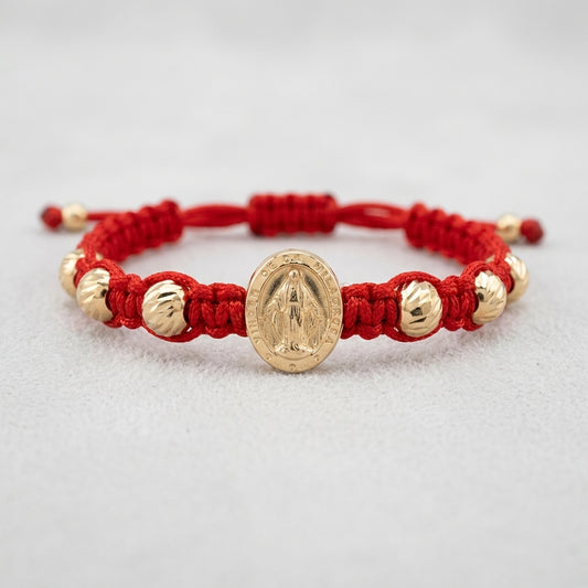 18K Solid Gold Virgin Mary Miraculous Medal Red String Woven Bracelet