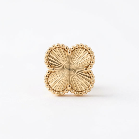 18K Solid Gold Guilloche Sunburst Clover Stud Earrings