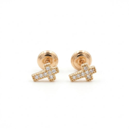 18K Solid Gold Pave Cubic Zirconia Cross Stud Earrings