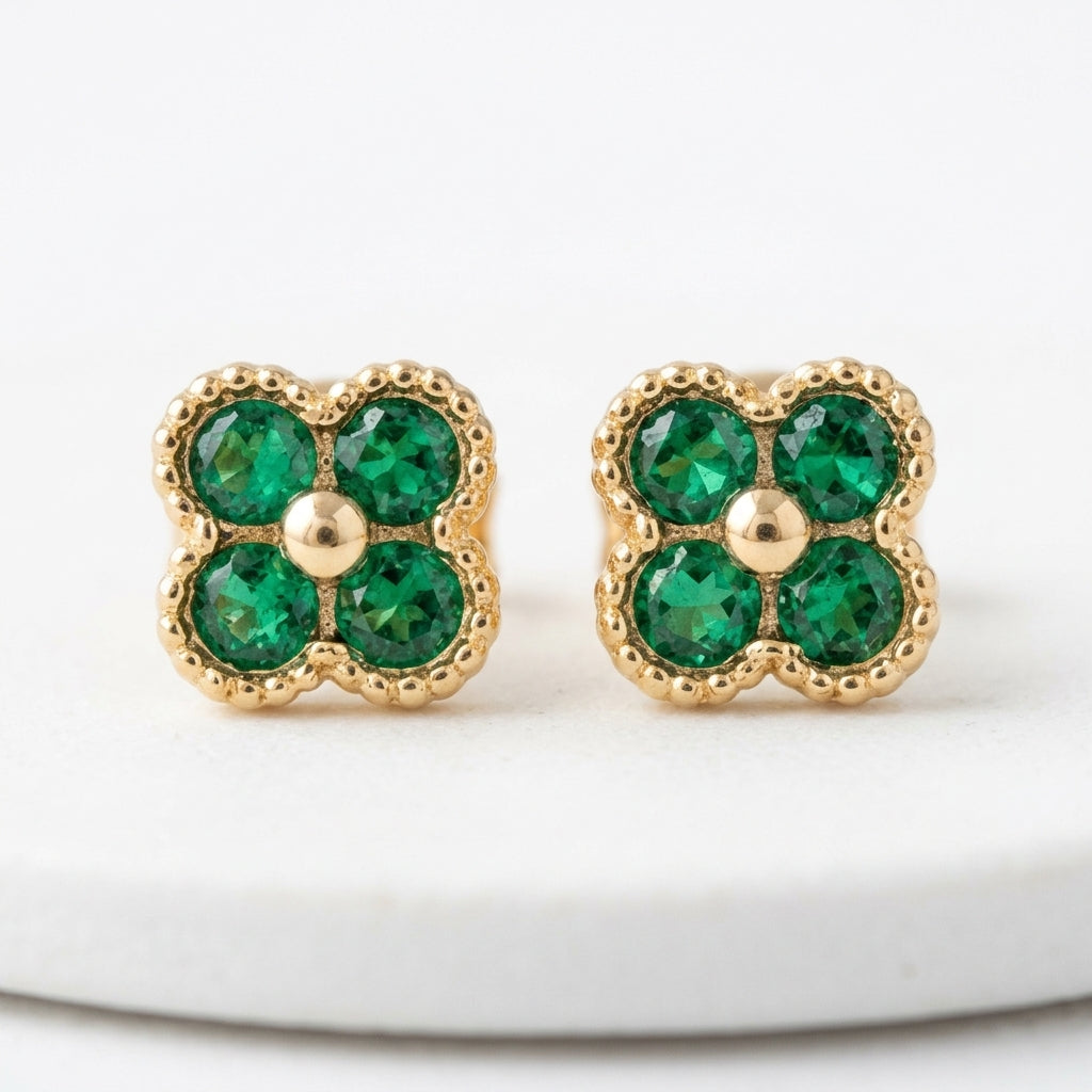 18K Solid Gold Green Stone Clover Stud Earrings