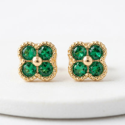 18K Solid Gold Green Stone Clover Stud Earrings