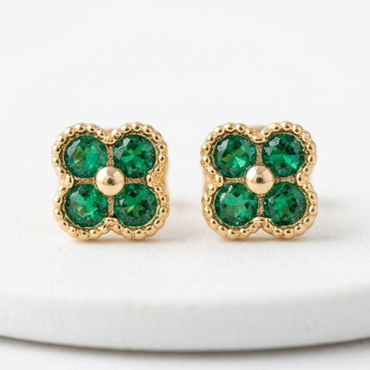18K Solid Gold Green Stone Clover Stud Earrings