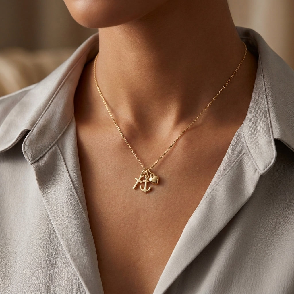 18K Solid Gold Faith Hope and Charity Three Graces Charm Pendant