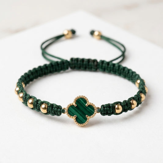 18K Solid Gold Macrame Woven Clover Motif Adjustable Bracelet