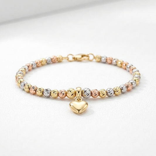 18K Solid Tri-Color Gold Diamond-Cut Bead Bracelet with Blue Sapphire Rondelle
