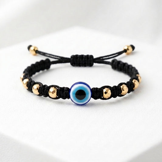 18K Solid Gold Evil Eye Black Cord Macrame Woven Bracelet