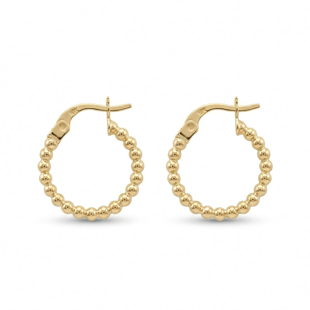 18K Solid Gold Beaded Hoop Earrings