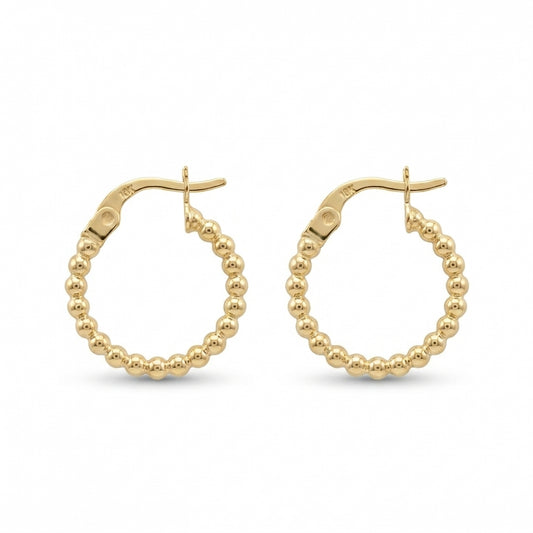 18K Solid Gold Beaded Hoop Earrings