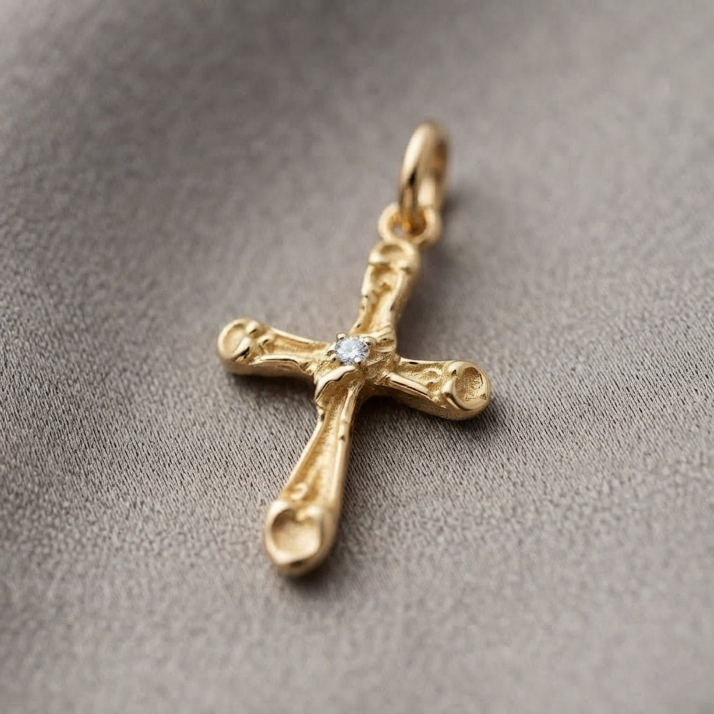 18K Solid Gold Filigree Baroque Cross Pendant with Center Cubic Zirconia