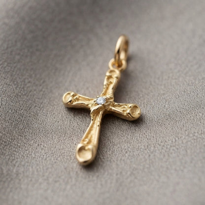 18K Solid Gold Filigree Baroque Cross Pendant with Center Cubic Zirconia