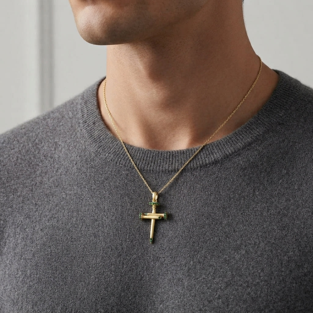 18K Solid Gold Passion Nails Cross Pendant with Emerald-Green Cubic Zirconia