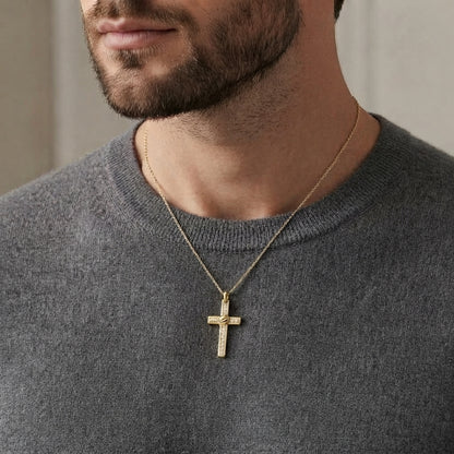18K Solid Gold Channel-Set Cubic Zirconia Cross Pendant with Center Knot Accent