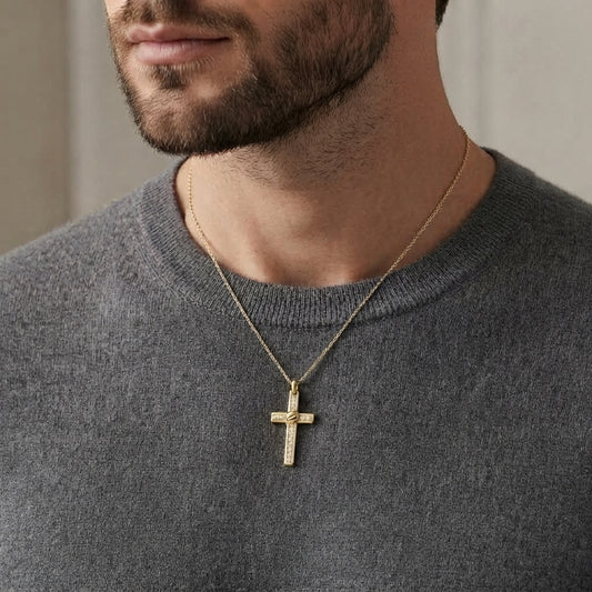 18K Solid Gold Channel-Set Cubic Zirconia Cross Pendant with Center Knot Accent