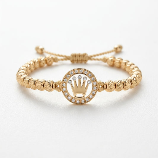 18K Solid Gold Crown Motif Macrame Woven Adjustable Bracelet