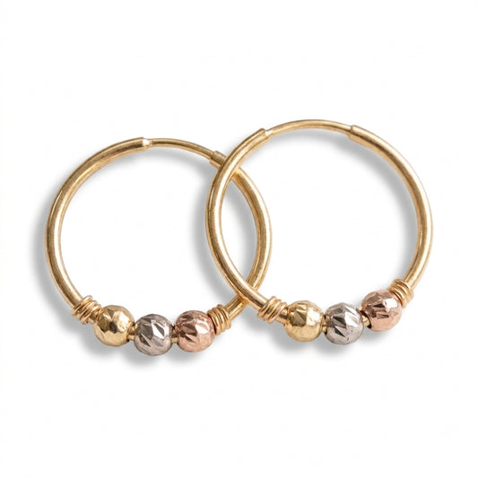 18K Solid Gold Tri-Color Diamond-Cut Bead Hoop Earrings
