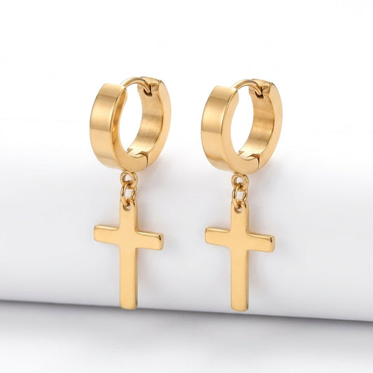 18K Solid Gold Dangle Cross Huggie Hoop Earrings