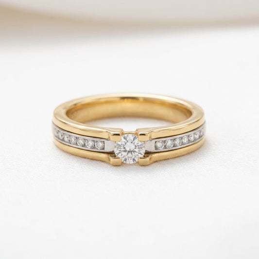 18K Solid Gold Two-Tone Natural Diamond Solitaire and Channel-Set Accent Band Ring