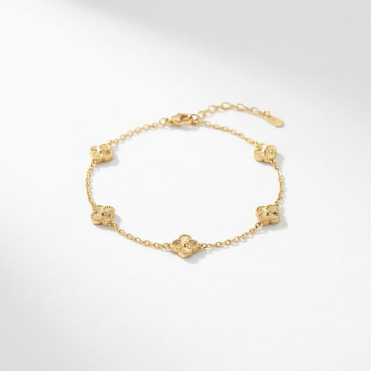 18K Solid Gold Textured Clover Motif Station Bracelet