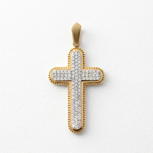 18K Solid Gold Beaded Border Pavé Diamond Cross Pendant with Cubic Zirconia