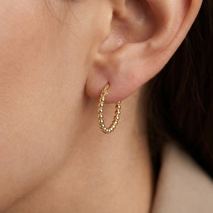 18K Solid Gold Beaded Hoop Earrings