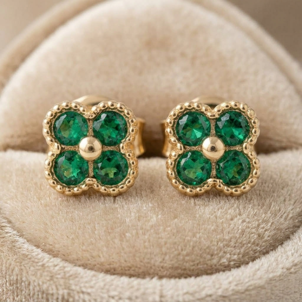 18K Solid Gold Green Stone Clover Stud Earrings