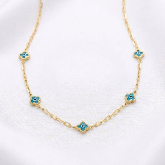 18K Yellow Gold Blue Clover & Evil Eye Necklace Set