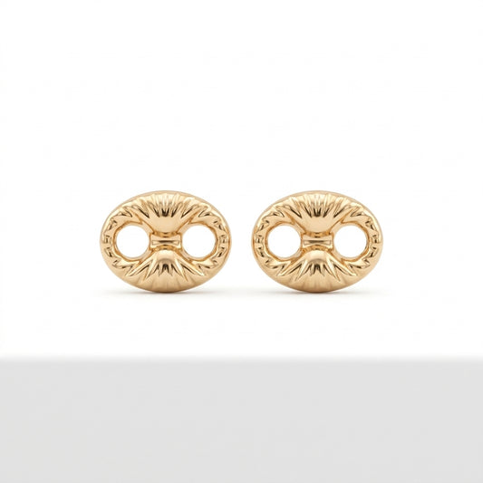 18K Solid Gold Fluted Puff Mariner Stud Earrings