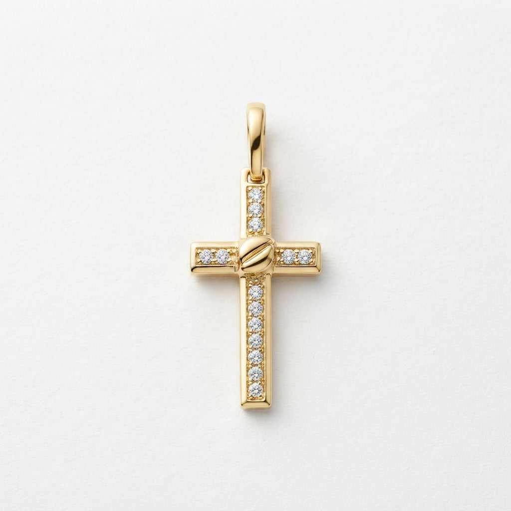 18K Solid Gold Channel-Set Cubic Zirconia Cross Pendant with Center Knot Accent