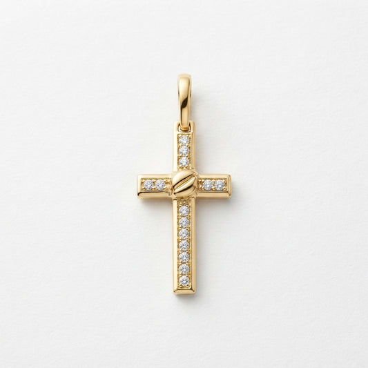 18K Solid Gold Channel-Set Cubic Zirconia Cross Pendant with Center Knot Accent