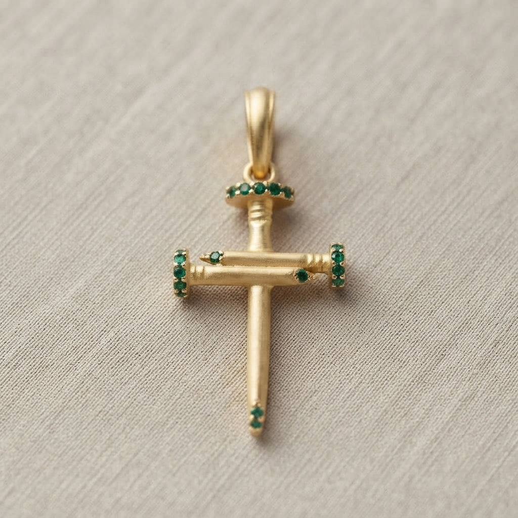 18K Solid Gold Passion Nails Cross Pendant with Emerald-Green Cubic Zirconia