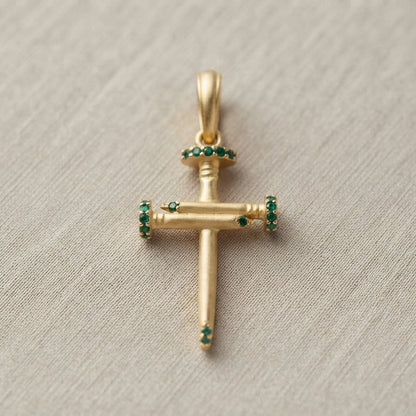 18K Solid Gold Passion Nails Cross Pendant with Emerald-Green Cubic Zirconia