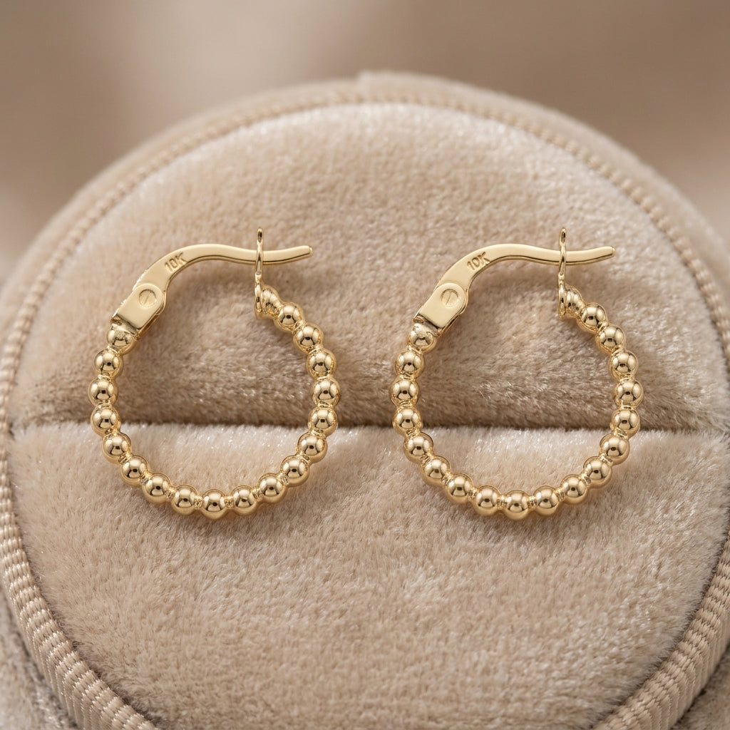 18K Solid Gold Beaded Hoop Earrings