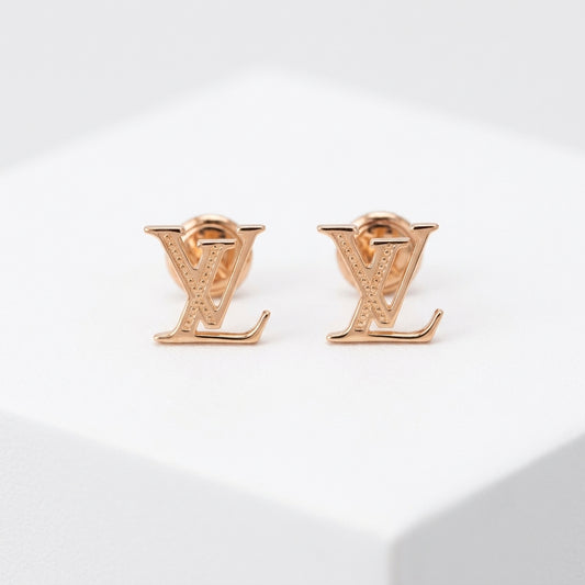 18K Solid Gold Textured LV Initial Stud Earrings