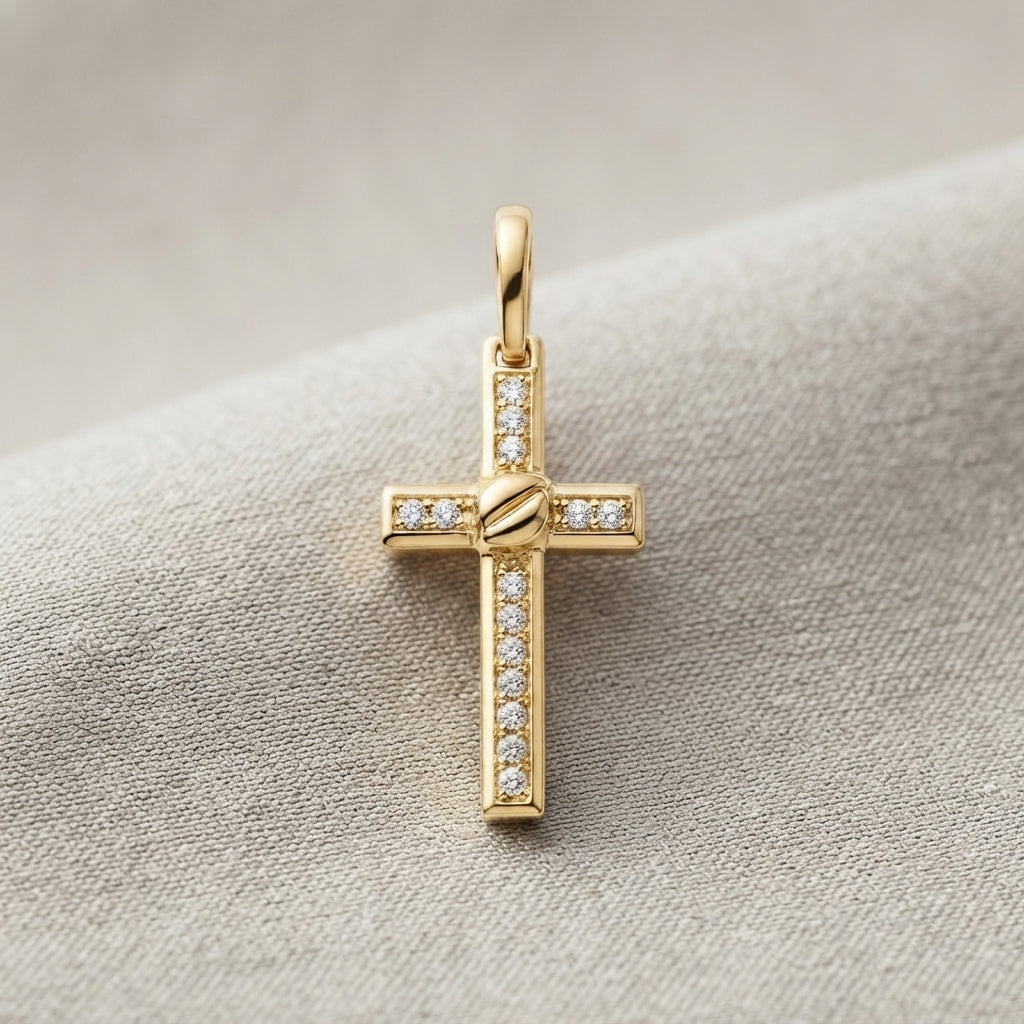 18K Solid Gold Channel-Set Cubic Zirconia Cross Pendant with Center Knot Accent