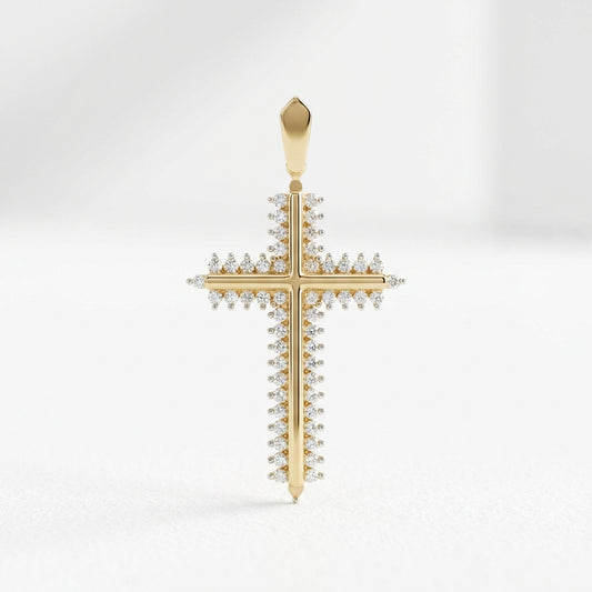 18K Solid Gold Fluted Latin Cross Pendant with Double-Row Cubic Zirconia