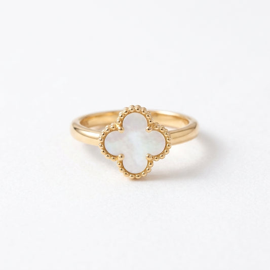 18K Solid Gold Mother of Pearl Four-Leaf Clover Stacking Ring