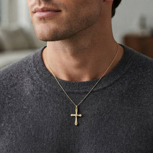 18K Solid Gold Filigree Baroque Cross Pendant with Center Cubic Zirconia