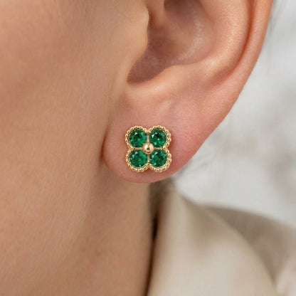 18K Solid Gold Green Stone Clover Stud Earrings