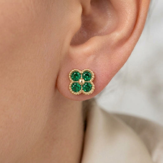 18K Solid Gold Green Stone Clover Stud Earrings